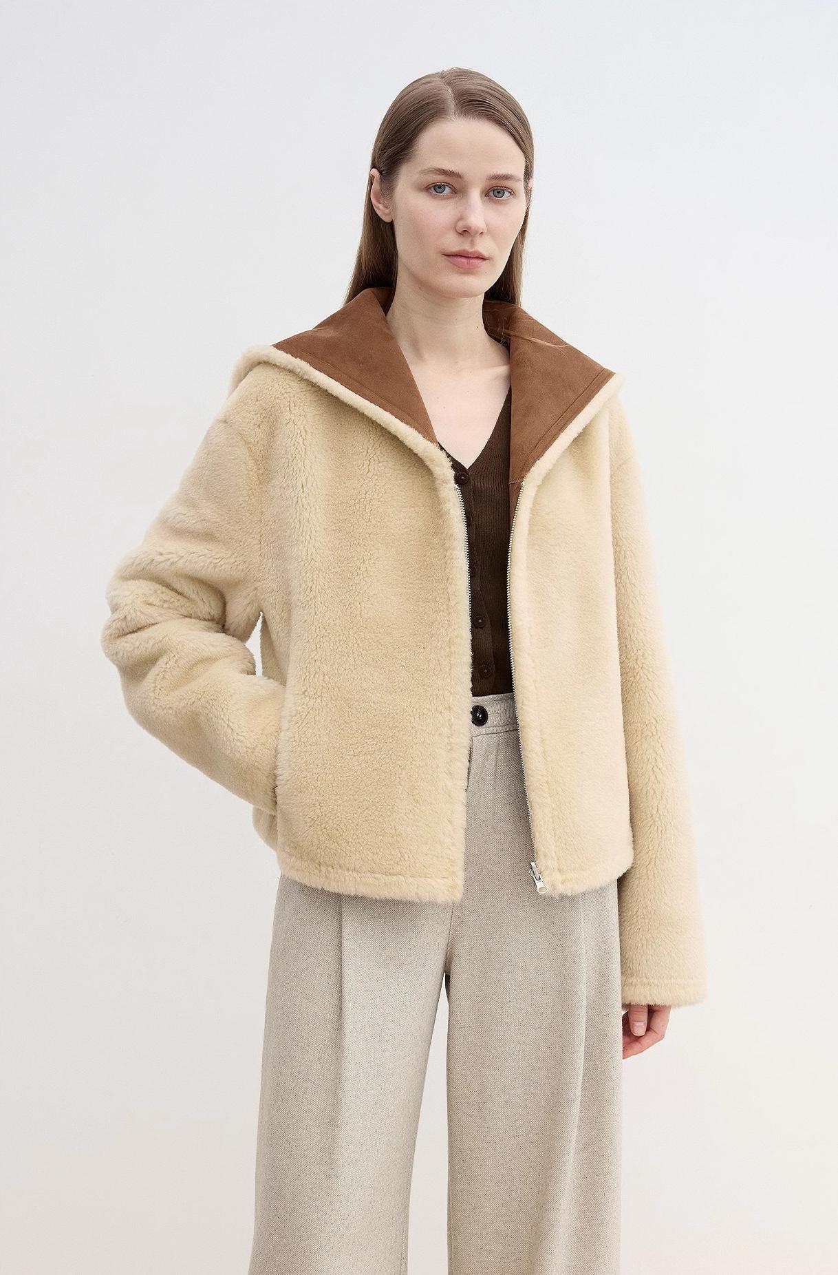 Floating Dune Contrast Navy Collar Shearling Jacket