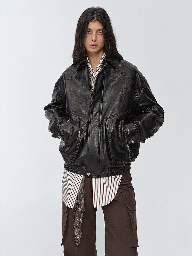 "New York International Student" Retro and fashionable imported waxed  leather bomber jacket