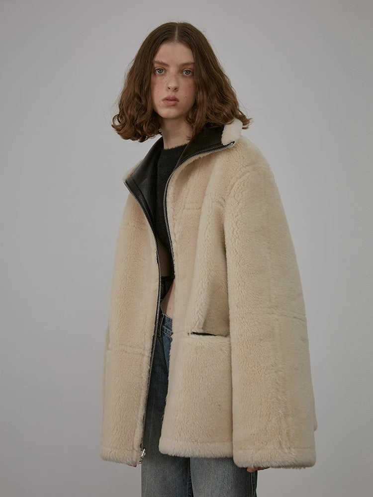 “August Night”Wool Artificial Compound Leather Reversible Shearling Jacket