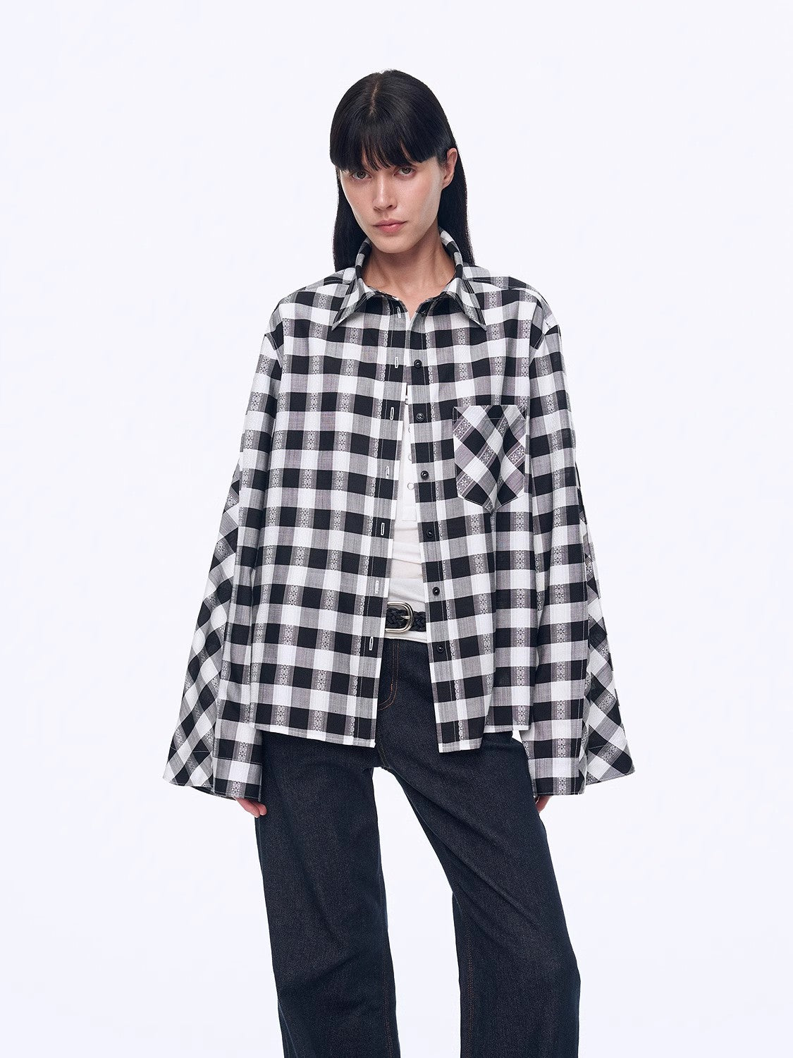 "Style Diary" Tencel acetate jacquard check dropped shoulder shirt