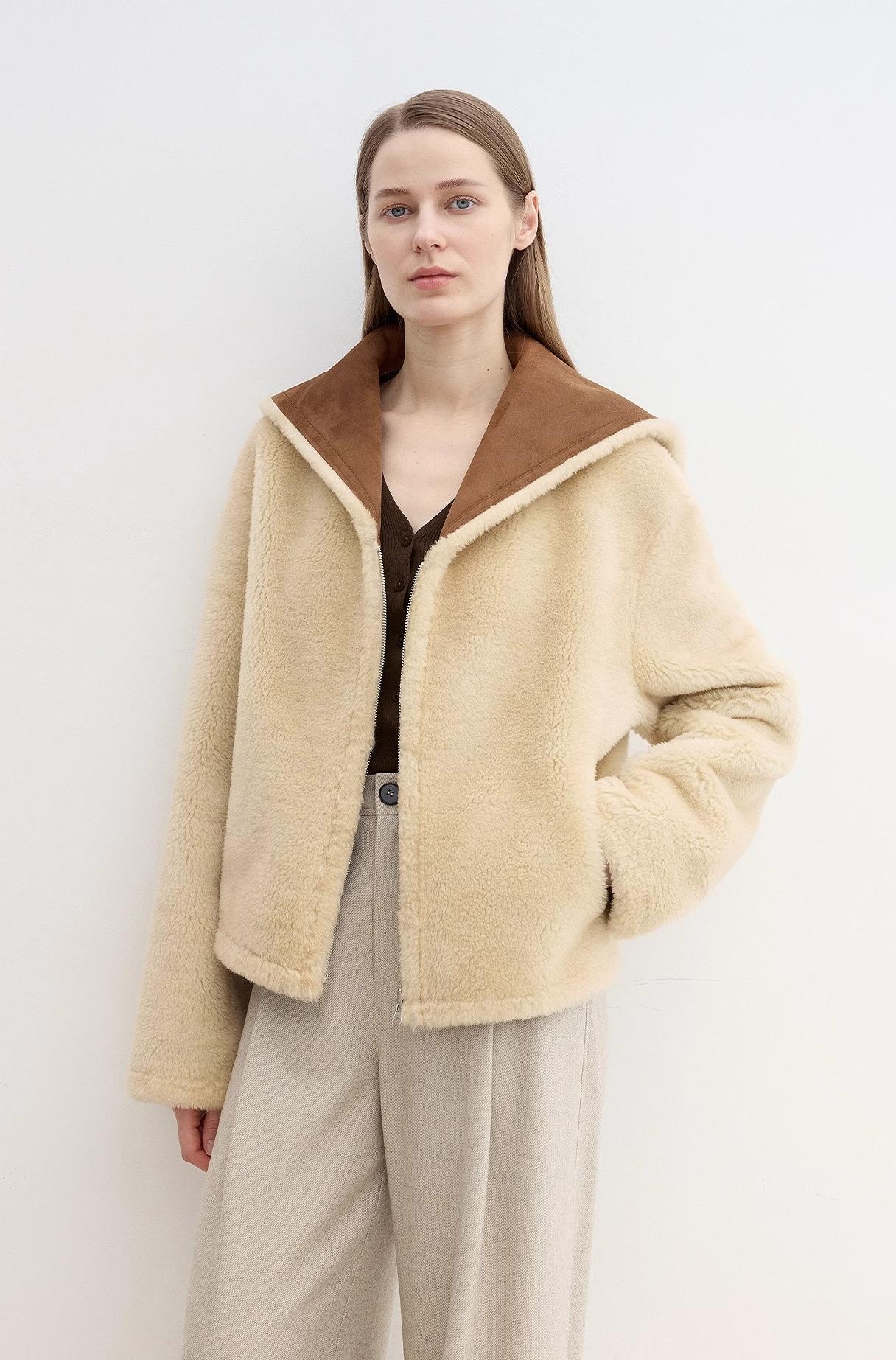 Floating Dune Contrast Navy Collar Shearling Jacket