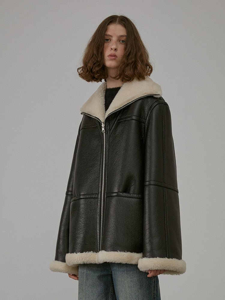 “August Night”Wool Artificial Compound Leather Reversible Shearling Jacket