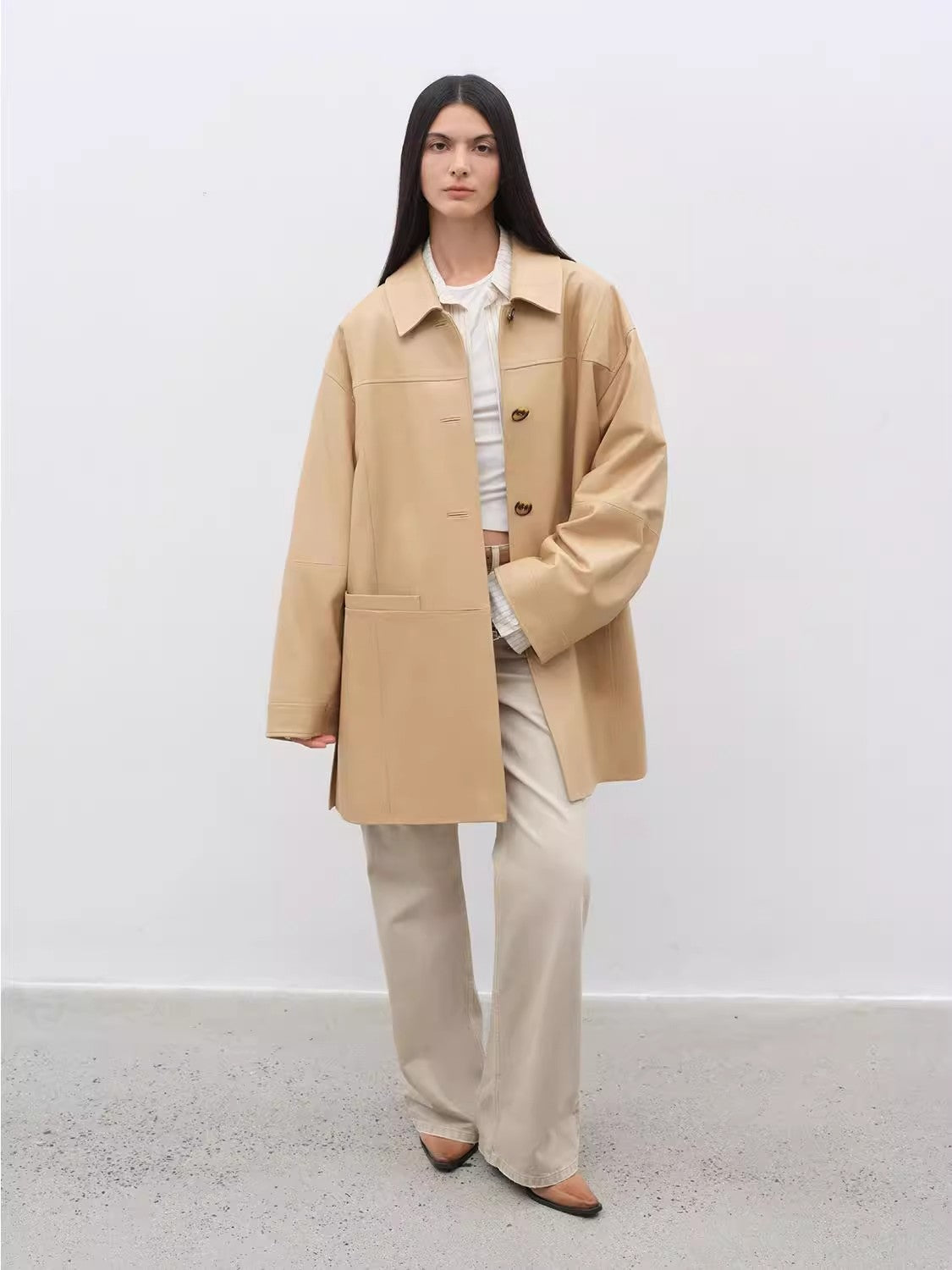 Notting Hill Diary Limited Edition Waxed Goat Leather/Retro Casual Lapel Mid-Length Leather Jacket