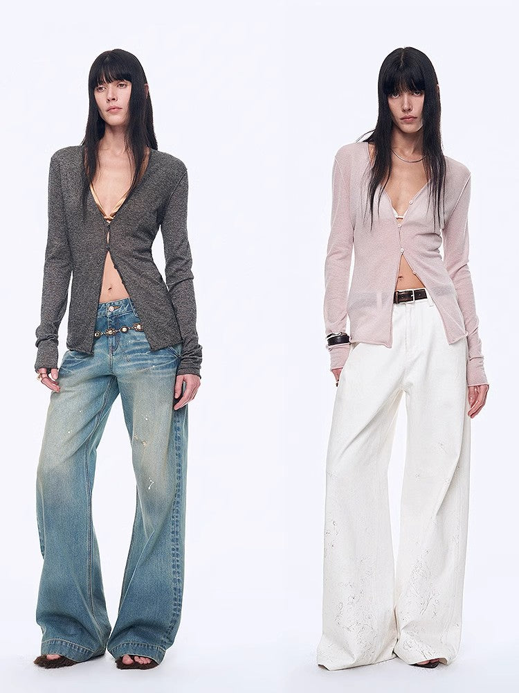 "Long Island Vacation" wool blend V-neck straight shoulder knitted cardigan spring