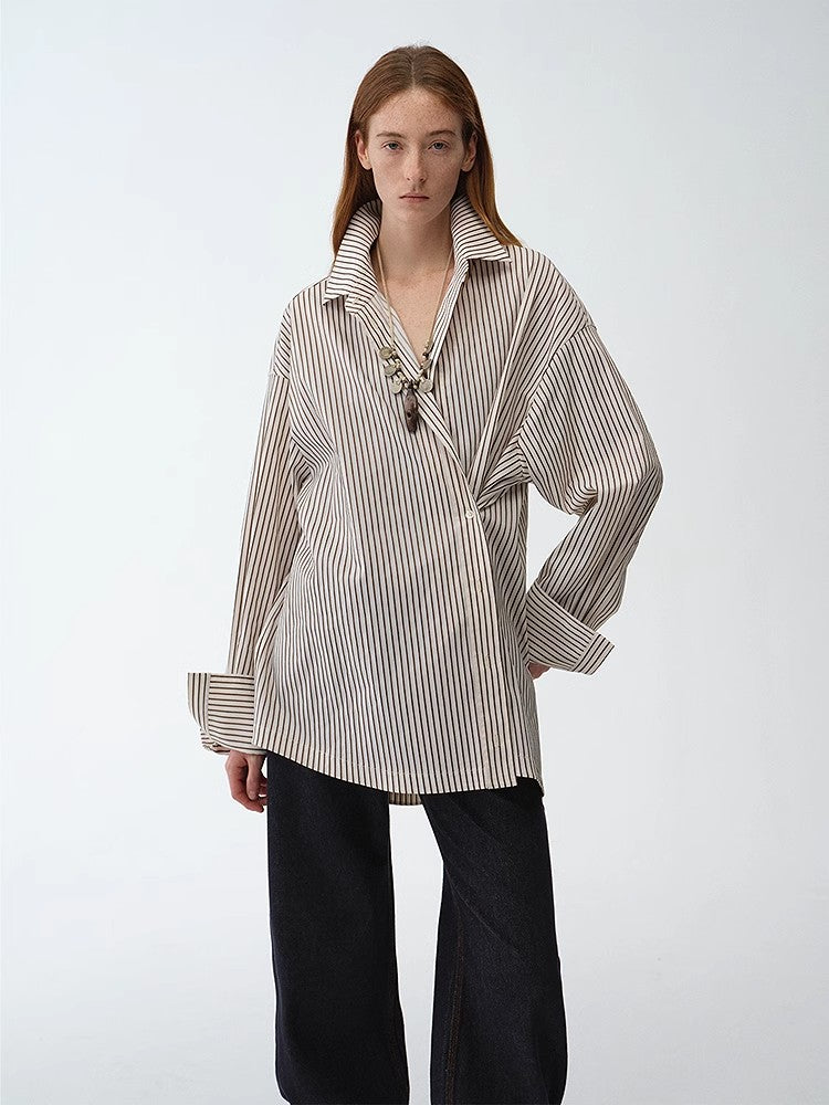 "Striped Fantasy" Casual Asymmetric Slanted Front Two-Wear Striped Long Sleeve Shirt
