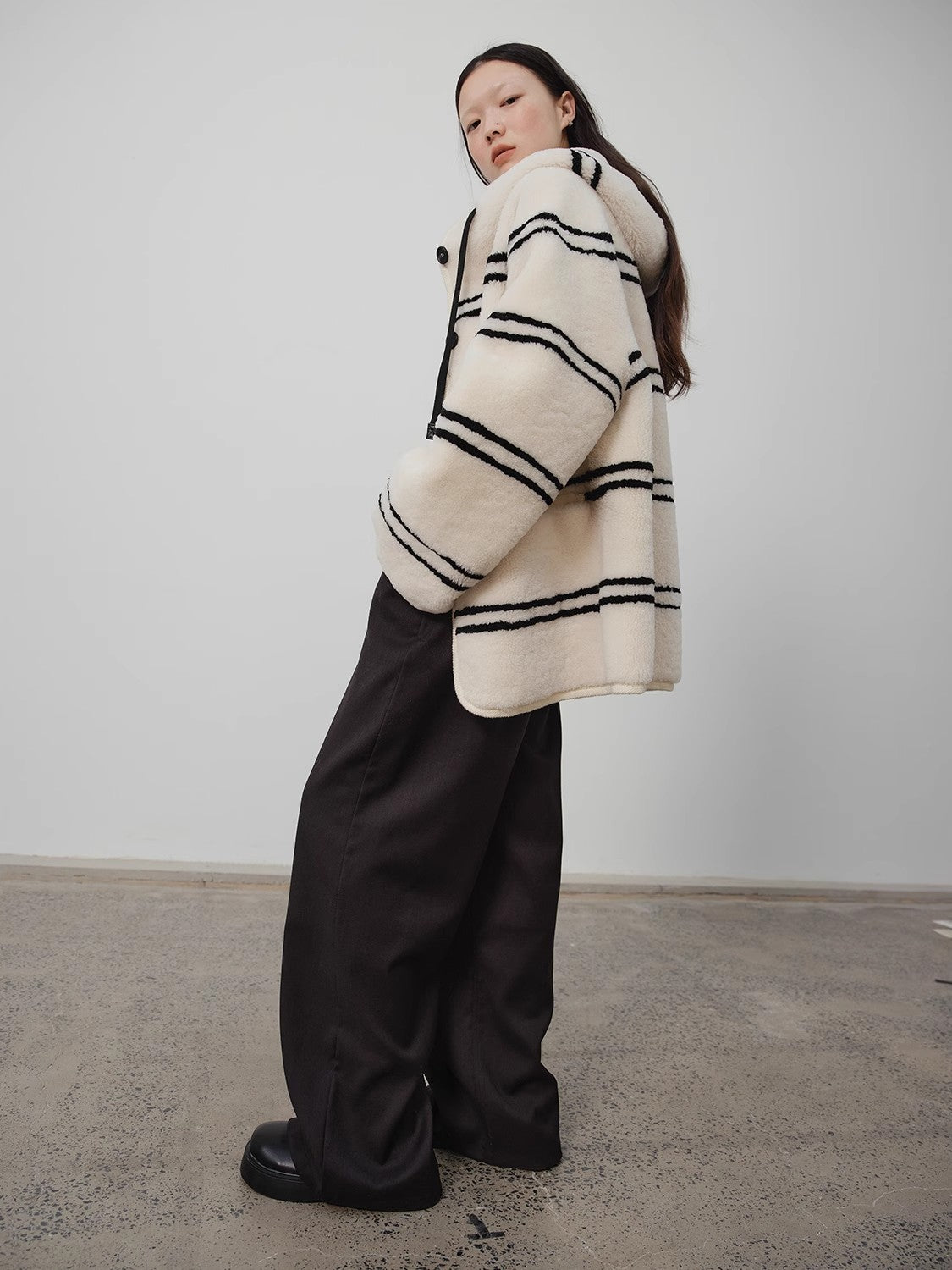 Snowy New Year Merino Sheepskin Lamb Wool Striped Jacket