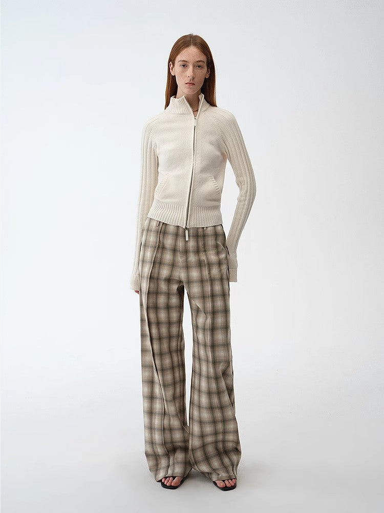 "Senna Melody" oblique placket fine merino wool and cotton blend zipper knitted cardigan top for women