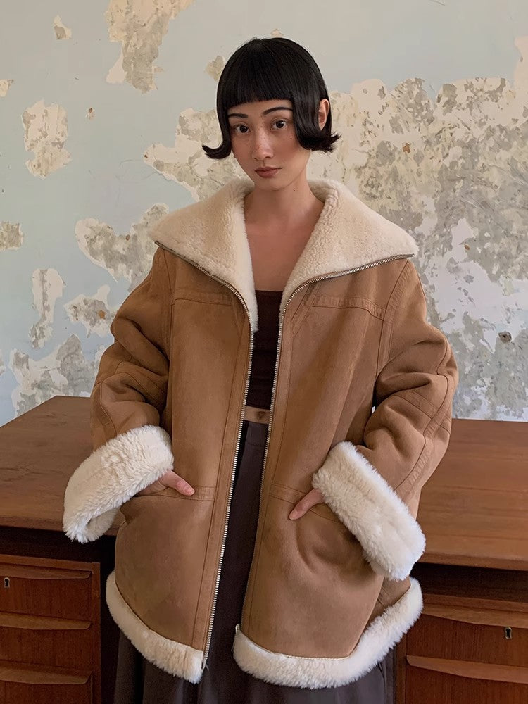 “August Night”Wool Artificial Compound Leather Reversible Shearling Jacket