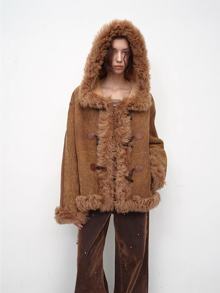 "Modern Weekend" Drop Shoulder Hooded Merino Wool Sheepskin Fur Coat Winter
