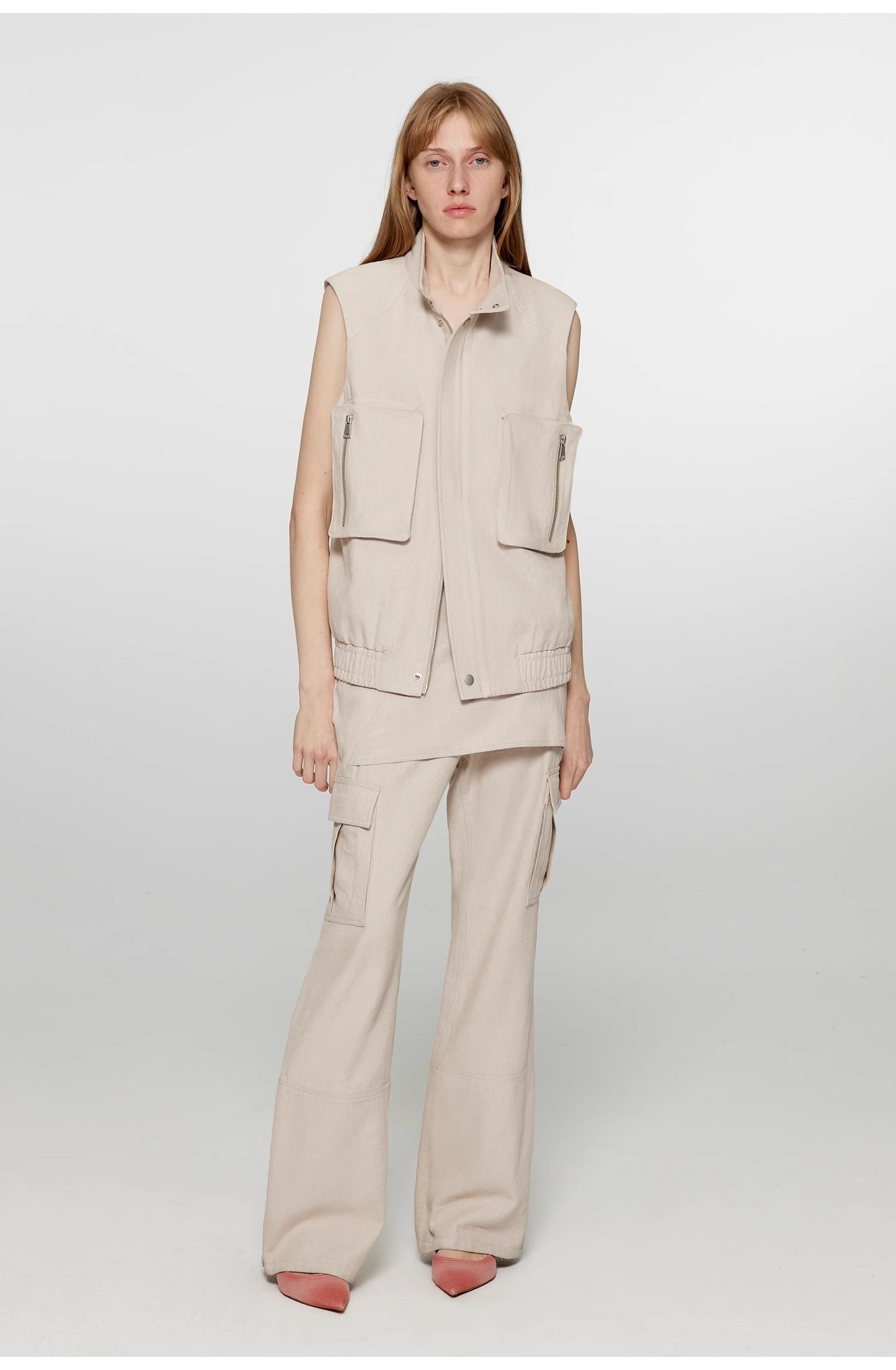 "Free to run away" miu style fake two-piece workwear micro-flared casual pants low-waist slim zipper trousers for women