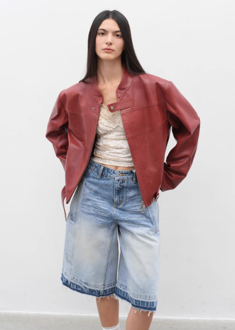 Caramel Mountain Retro Leather Stand Collar Short Motorcycle Jacket
