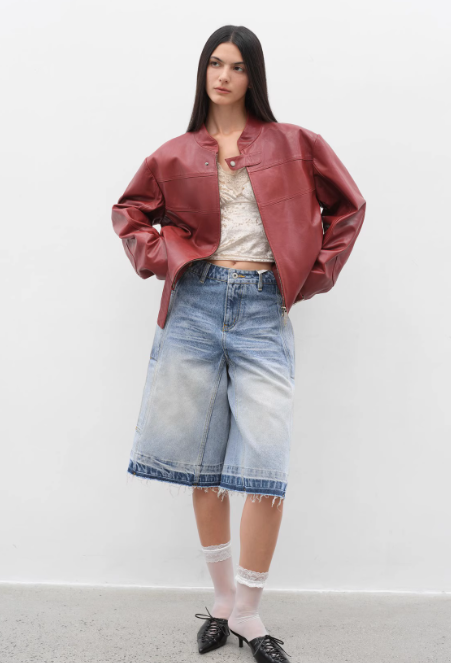 Caramel Mountain Retro Leather Stand Collar Short Motorcycle Jacket