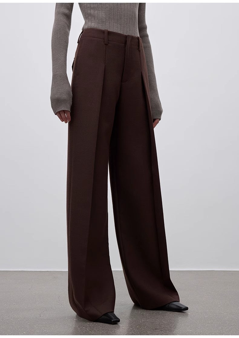 Imported wool pleated high-waisted straight-leg all-match slimming suit trousers for women