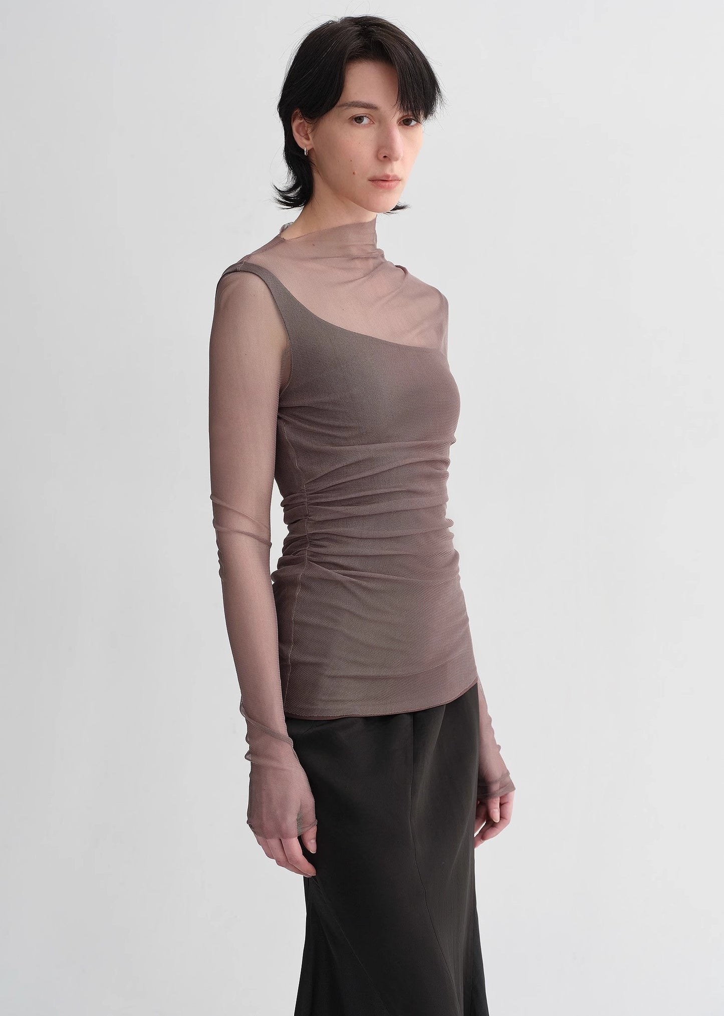 Double-layer transparent oblique collar pinched pleat half-high collar slim fit fake two-piece knitted T-shirt tops for women