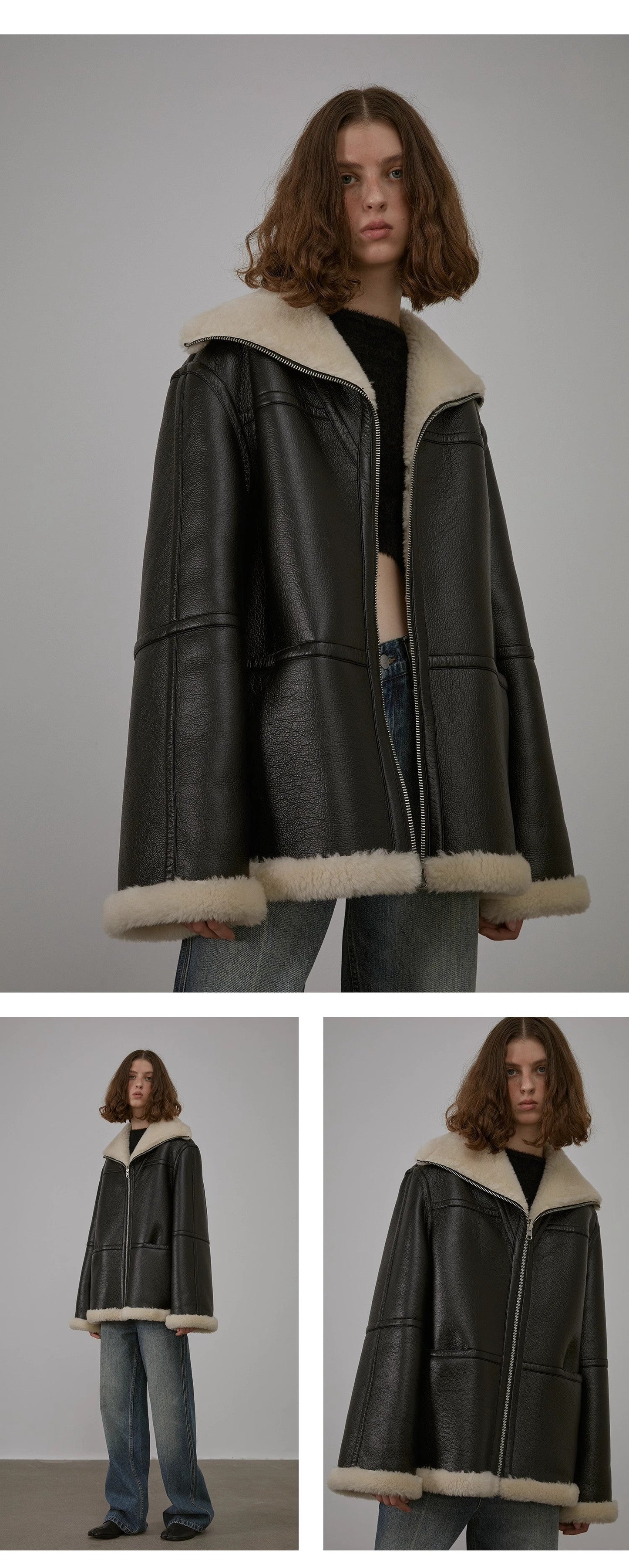 “August Night”Wool Artificial Compound Leather Reversible Shearling Jacket