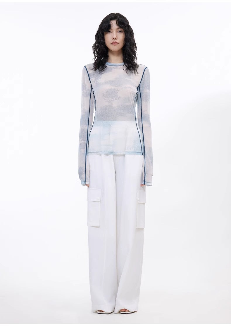 Smudge-printed mesh slightly see-through long-sleeved T-shirt for women