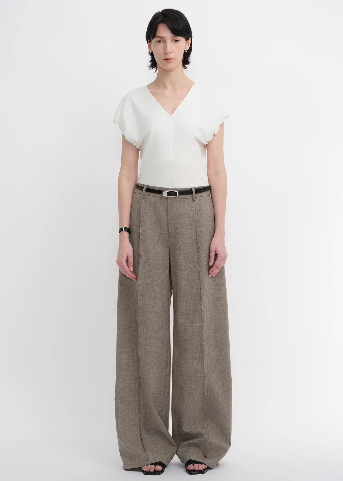 Worsted wool commuter classic drapey raw edge loose straight wide-leg pants