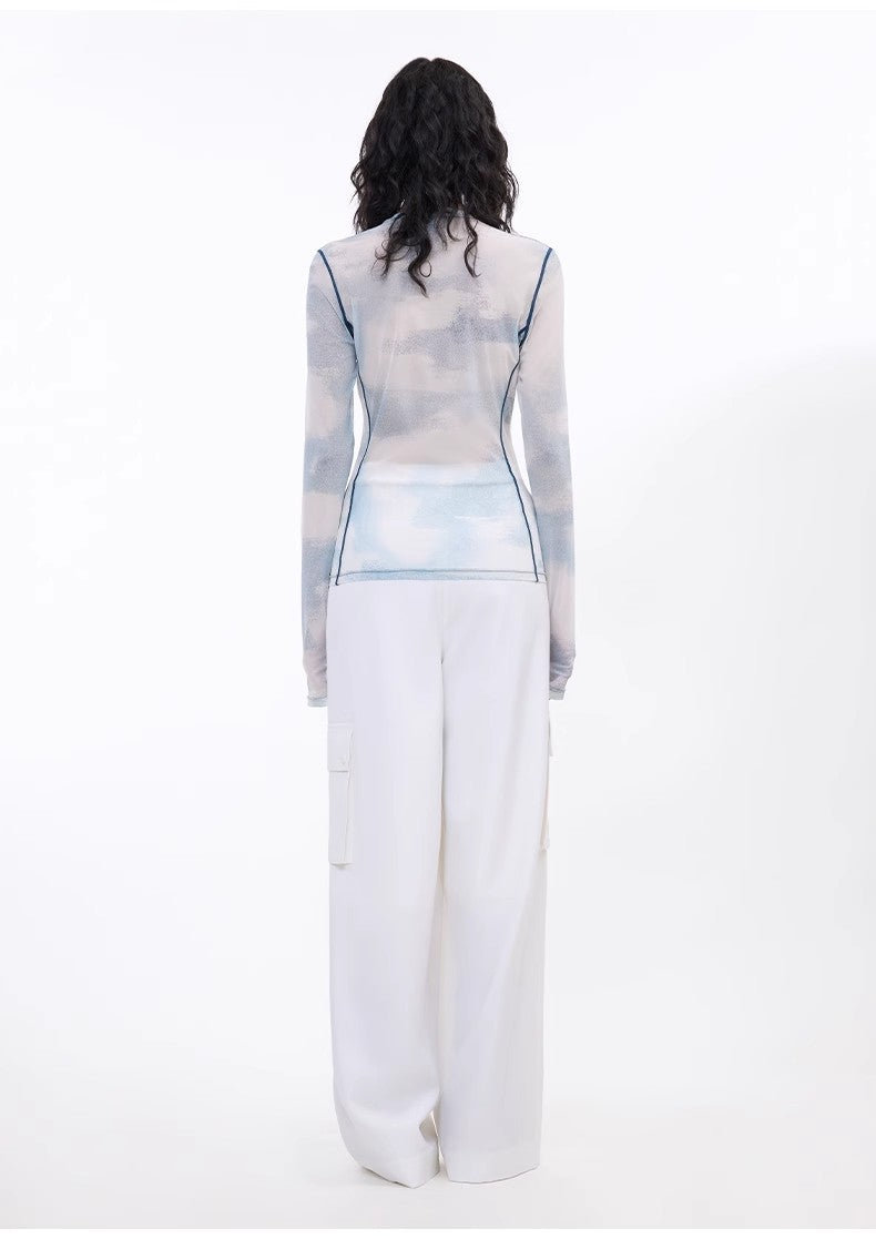 Smudge-printed mesh slightly see-through long-sleeved T-shirt for women