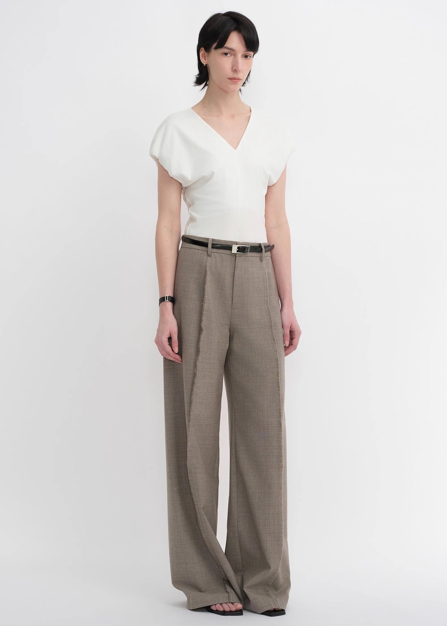 Worsted wool commuter classic drapey raw edge loose straight wide-leg pants