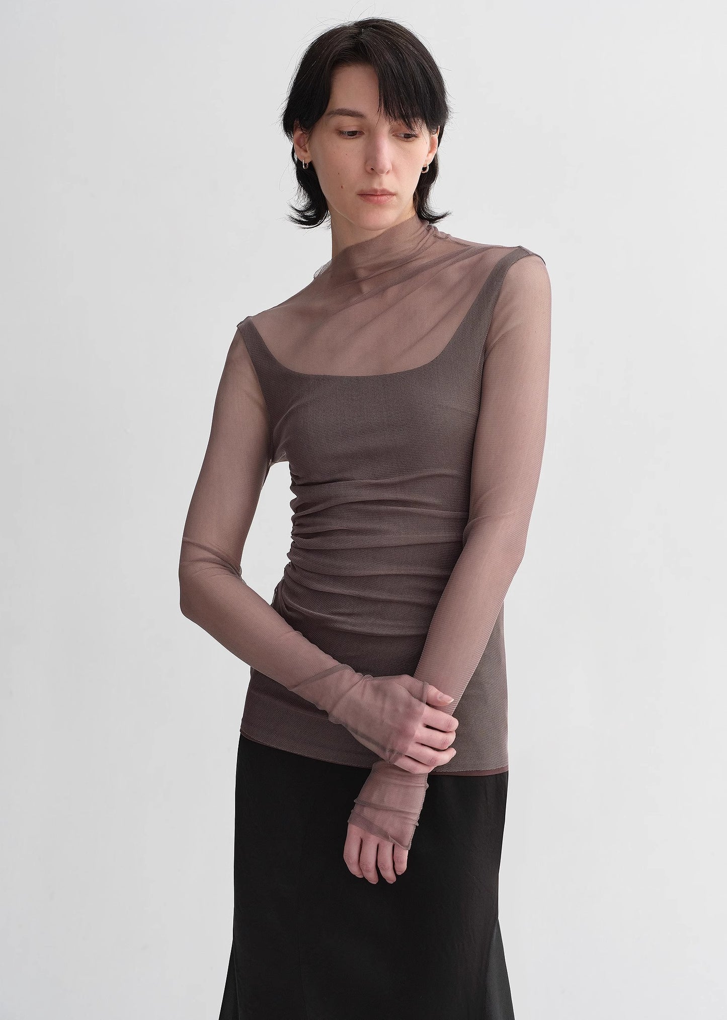 Double-layer transparent oblique collar pinched pleat half-high collar slim fit fake two-piece knitted T-shirt tops for women