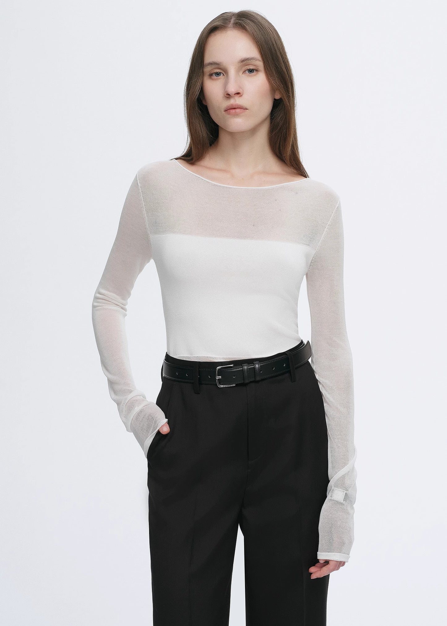 Transparent patchwork acetate Tencel temperament slim fit slim long sleeve T-shirt for women