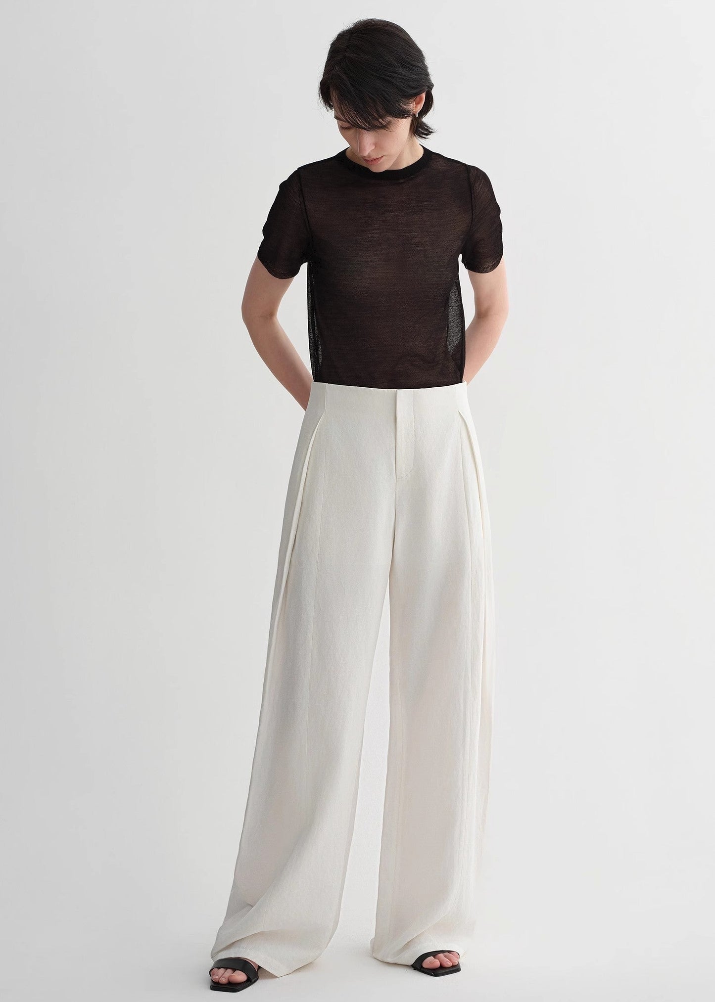 Summer mulberry silk linen waistless three-dimensional pleated wide-leg pants for women