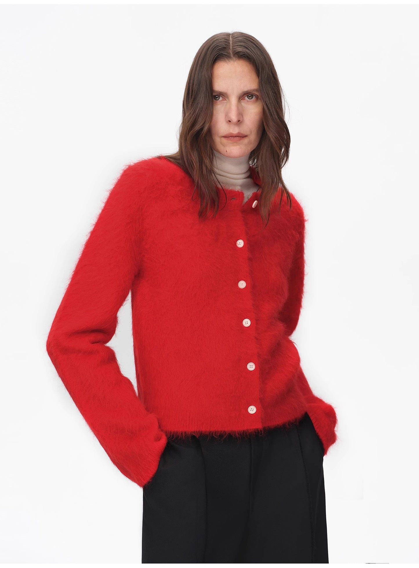 Albaca Alpaca Brushed Round Neck Straight Cardigan Women's Sweater