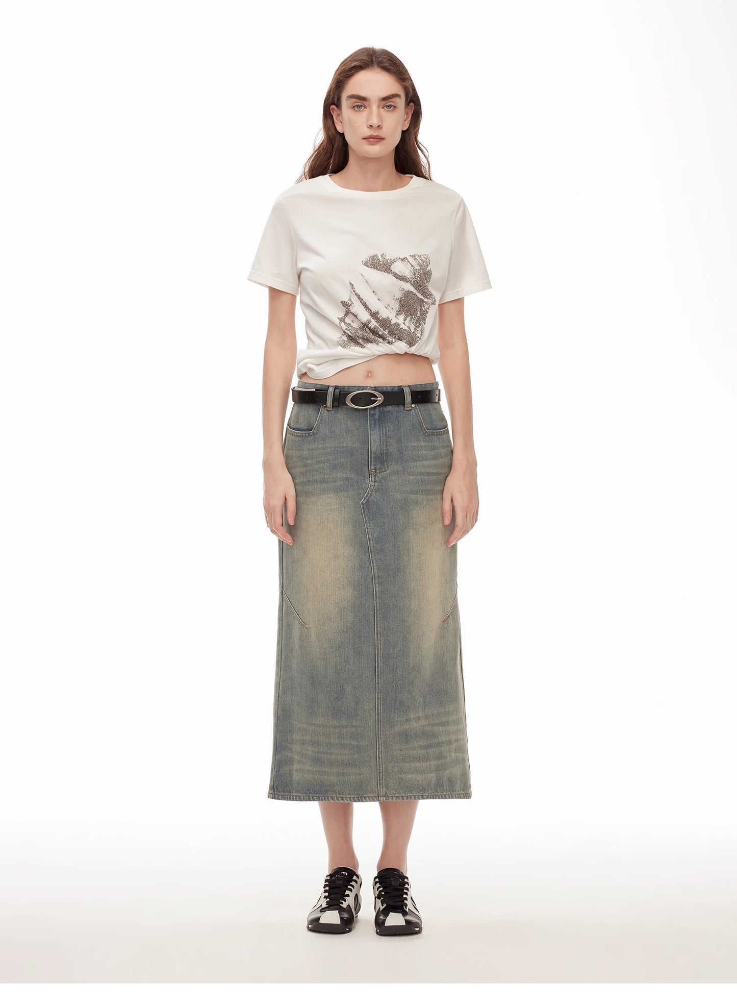 "Dawn Denim" retro old enzyme washed mid-low waist slim fishtail flared slim denim skirt