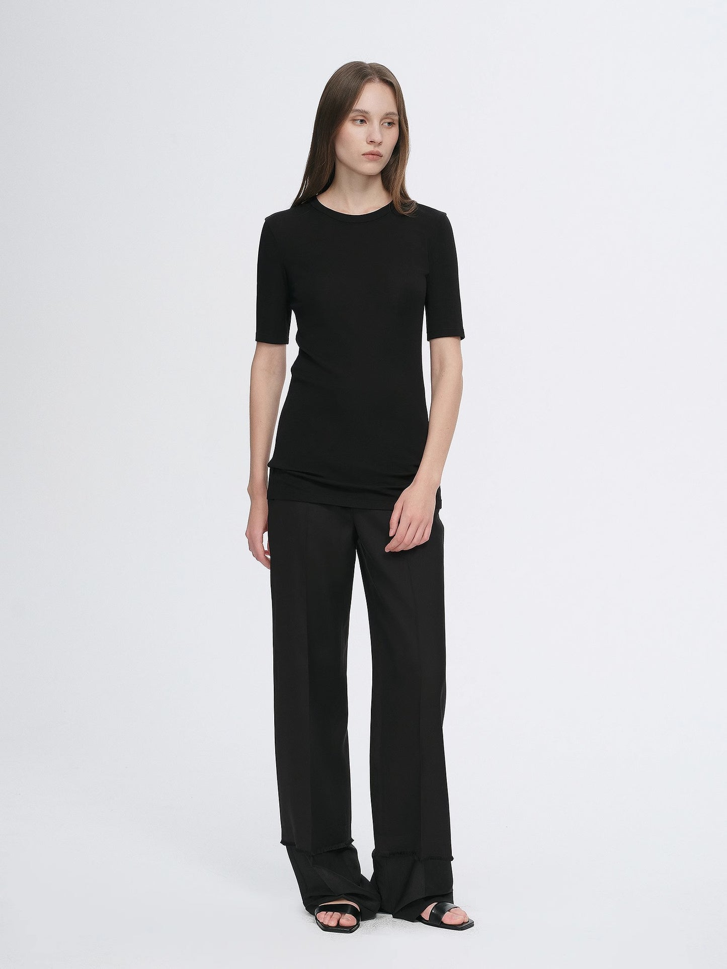 Fitted waist slimming round neck Tencel cashmere versatile short-sleeved T-shirt
