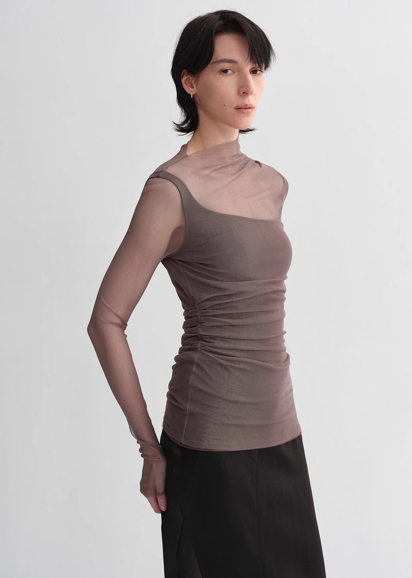 Double-layer transparent oblique collar pinched pleat half-high collar slim fit fake two-piece knitted T-shirt tops for women