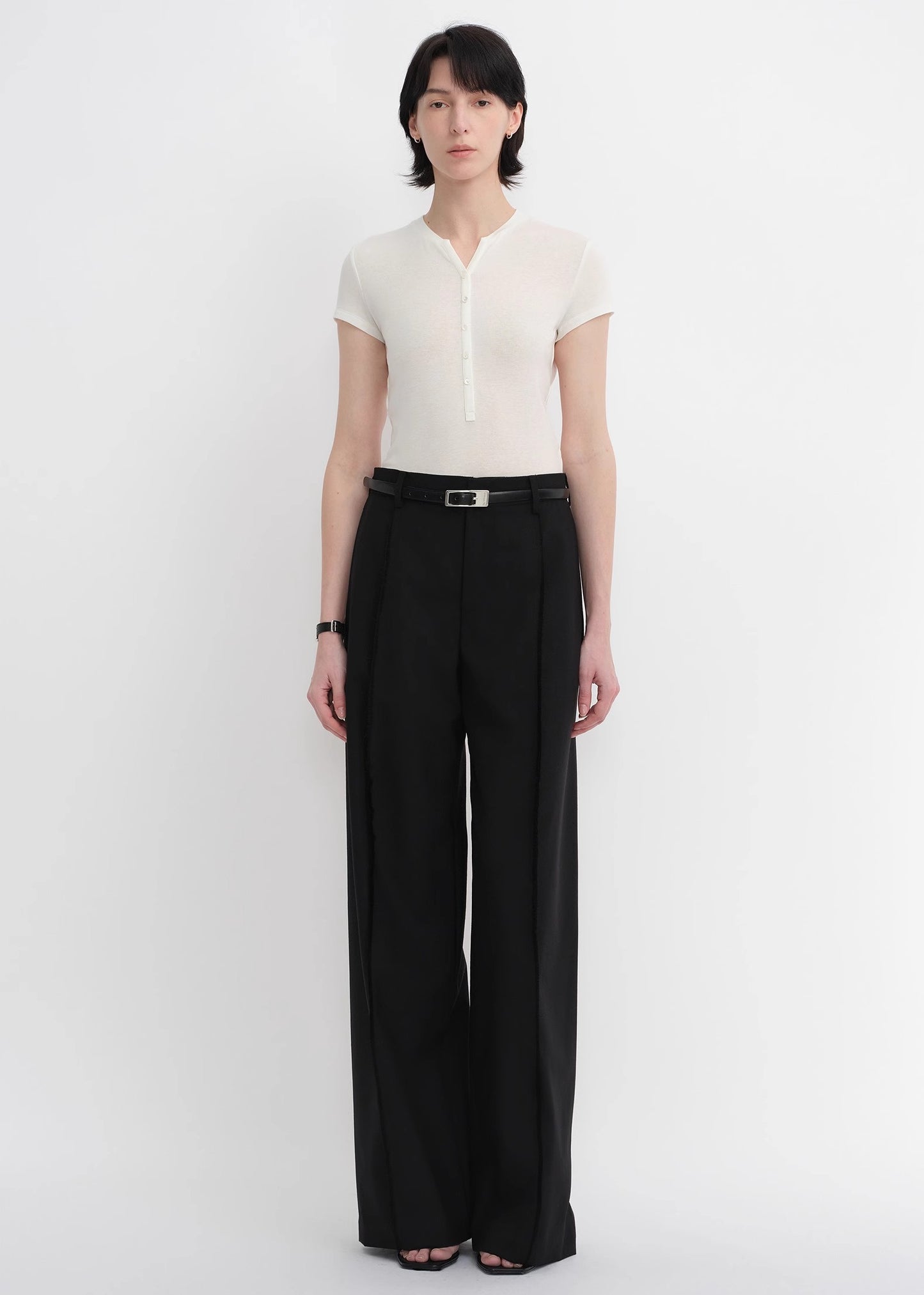 Worsted wool commuter classic drapey raw edge loose straight wide-leg pants