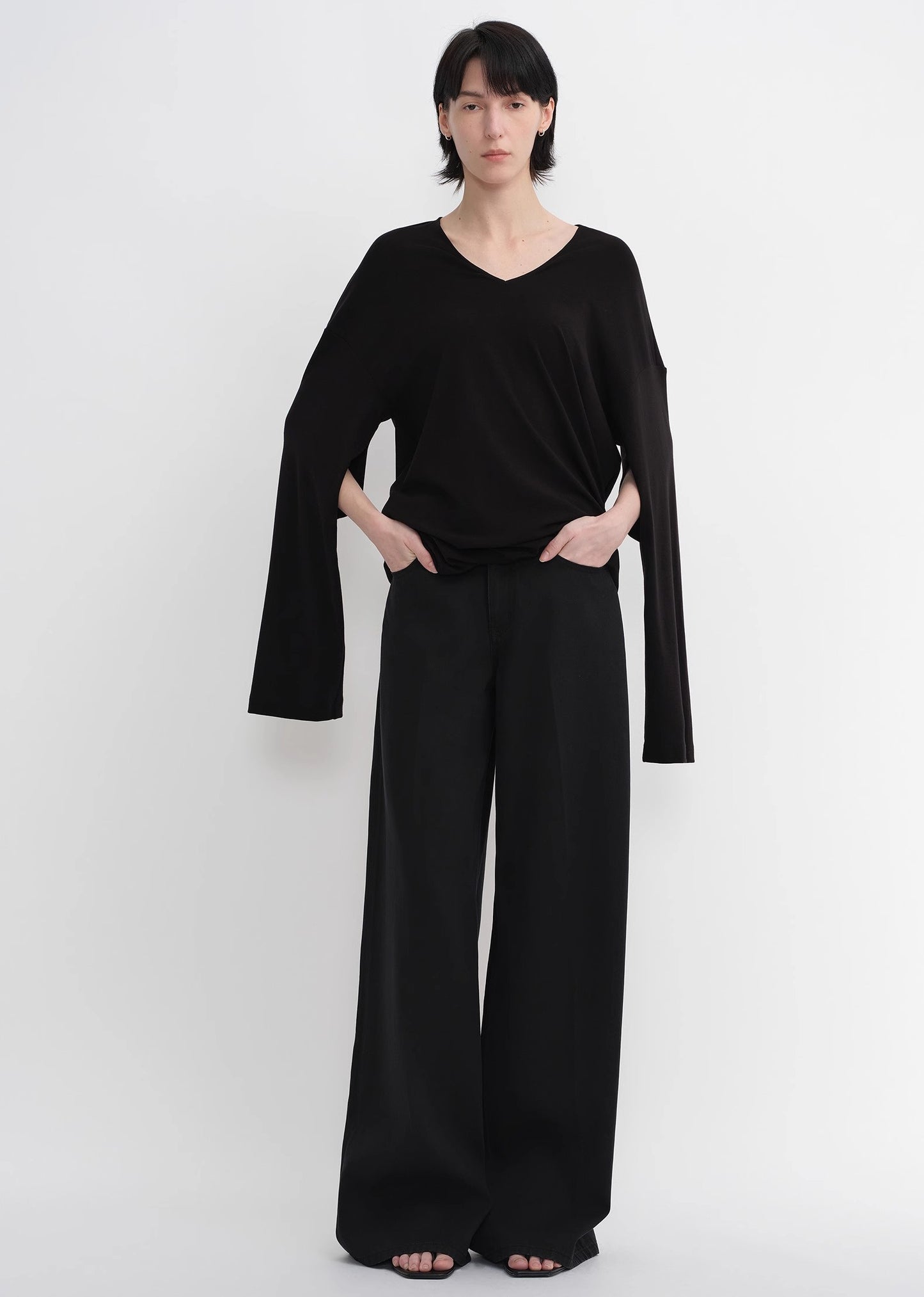 Machine washable Tencel wool V-neck two-wear elastic hem T-shirt bottoming shirt