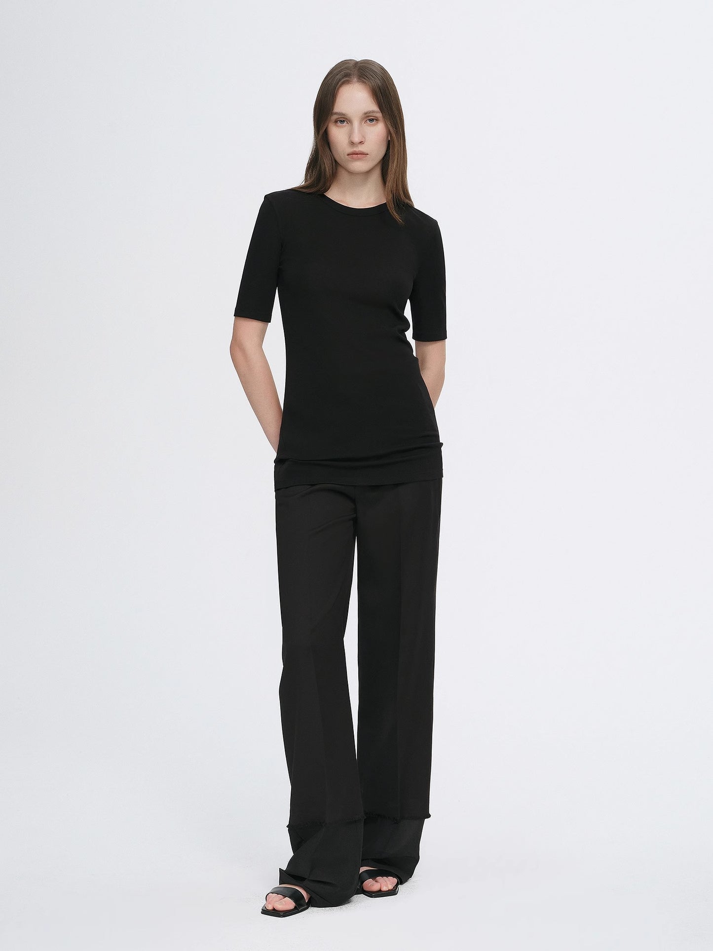 Fitted waist slimming round neck Tencel cashmere versatile short-sleeved T-shirt