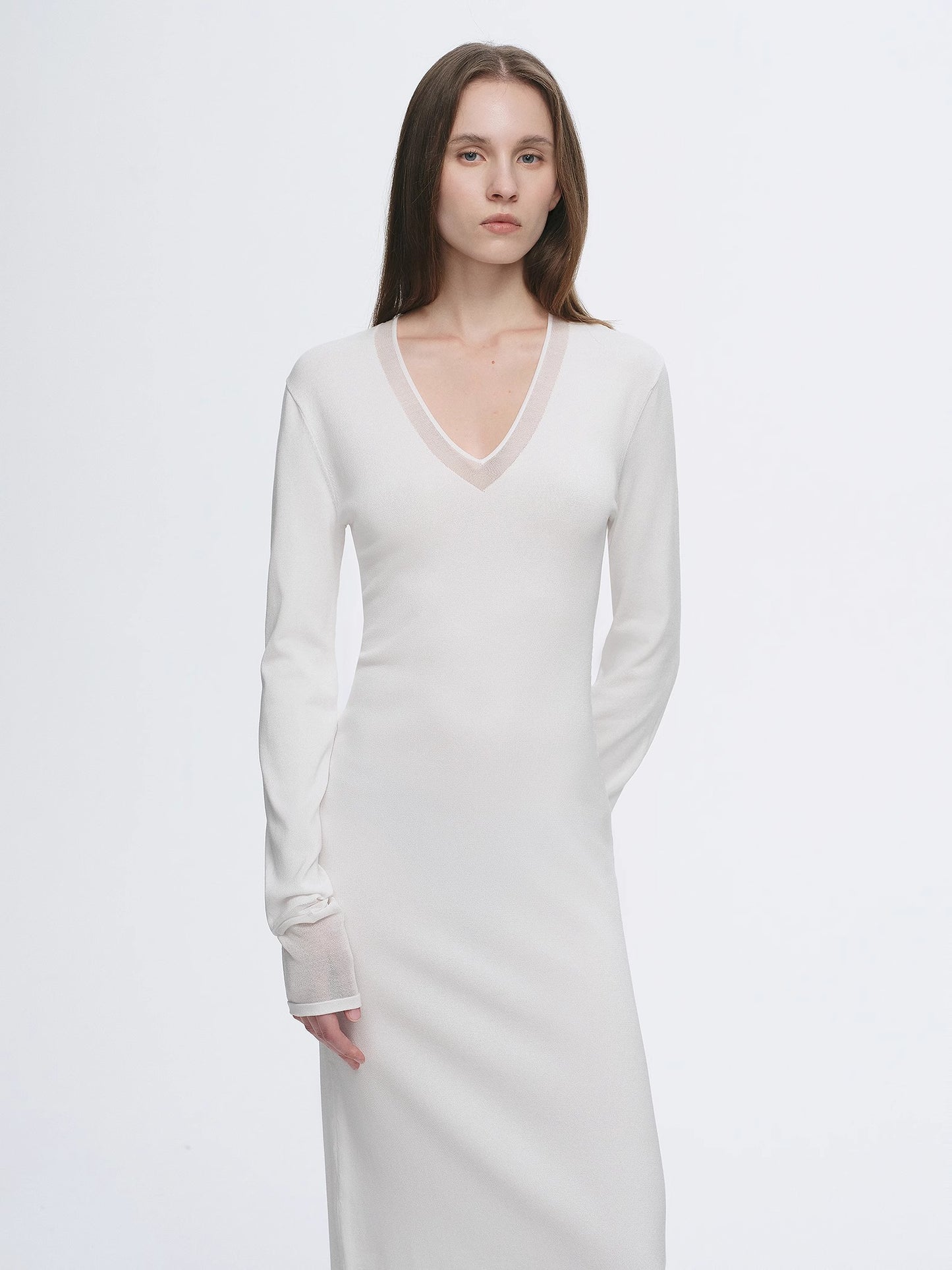 Elegant and intellectual triacetate Tencel blended skin-friendly transparent splicing design V-neck dress