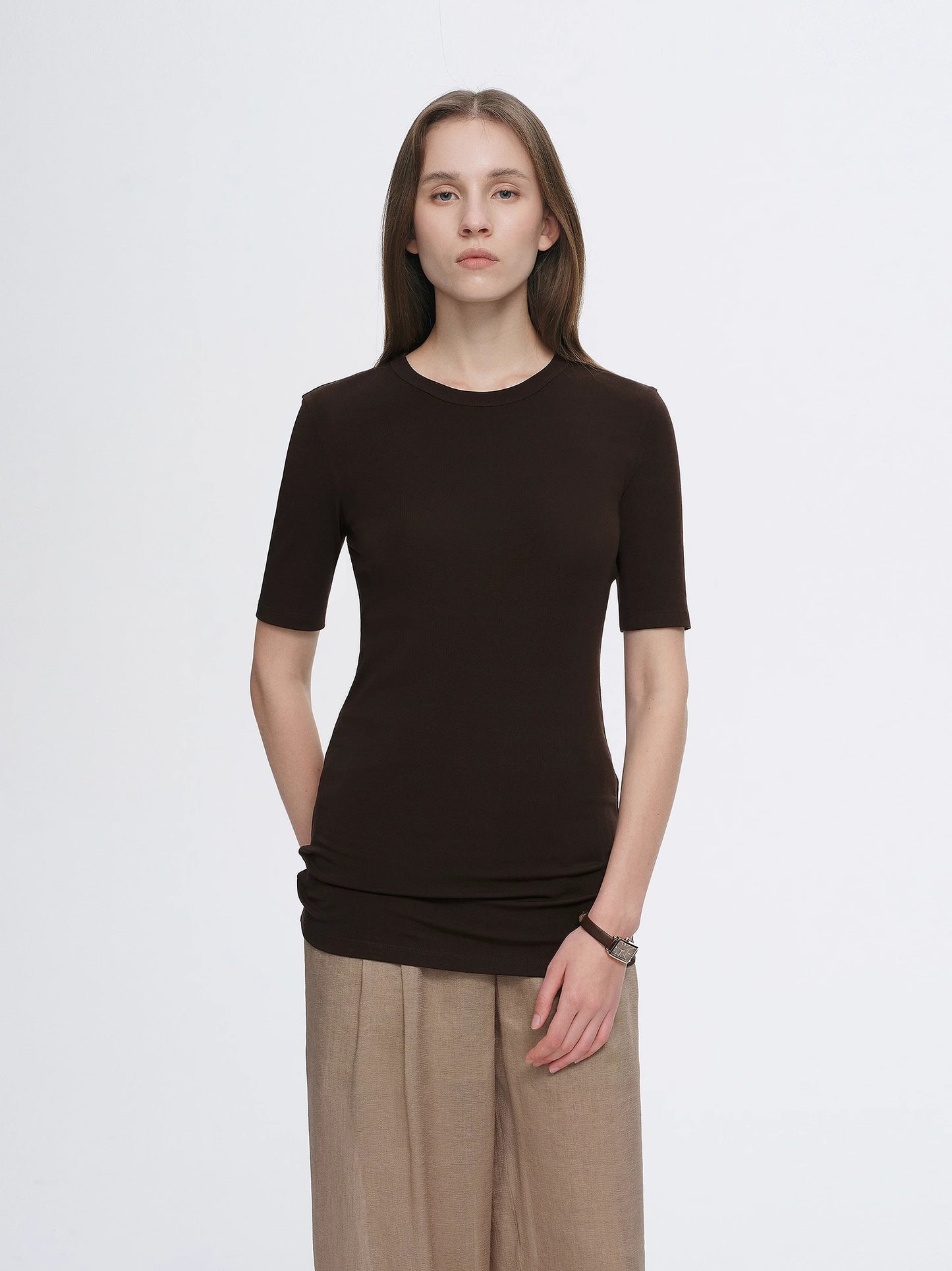 Fitted waist slimming round neck Tencel cashmere versatile short-sleeved T-shirt