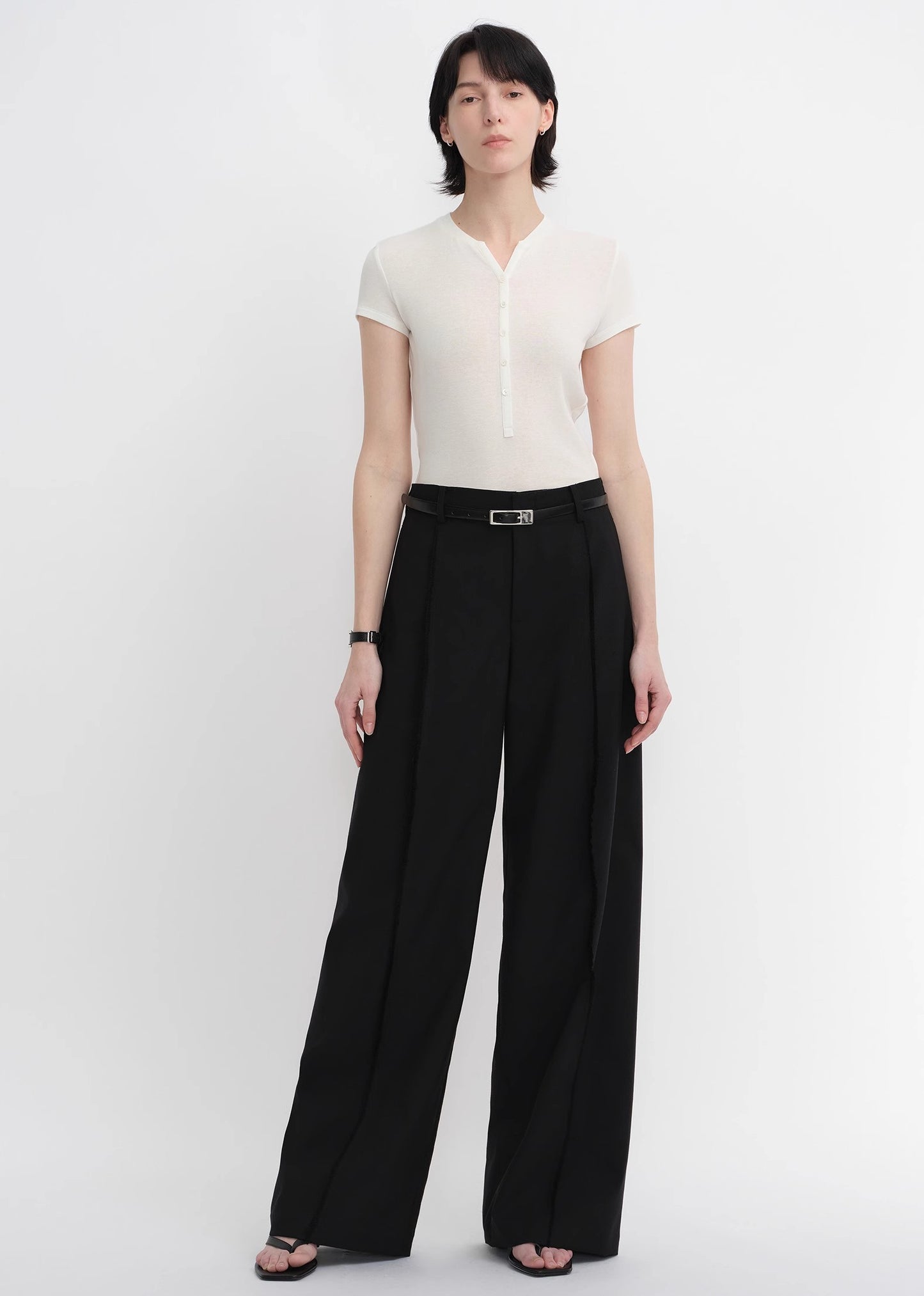 Worsted wool commuter classic drapey raw edge loose straight wide-leg pants