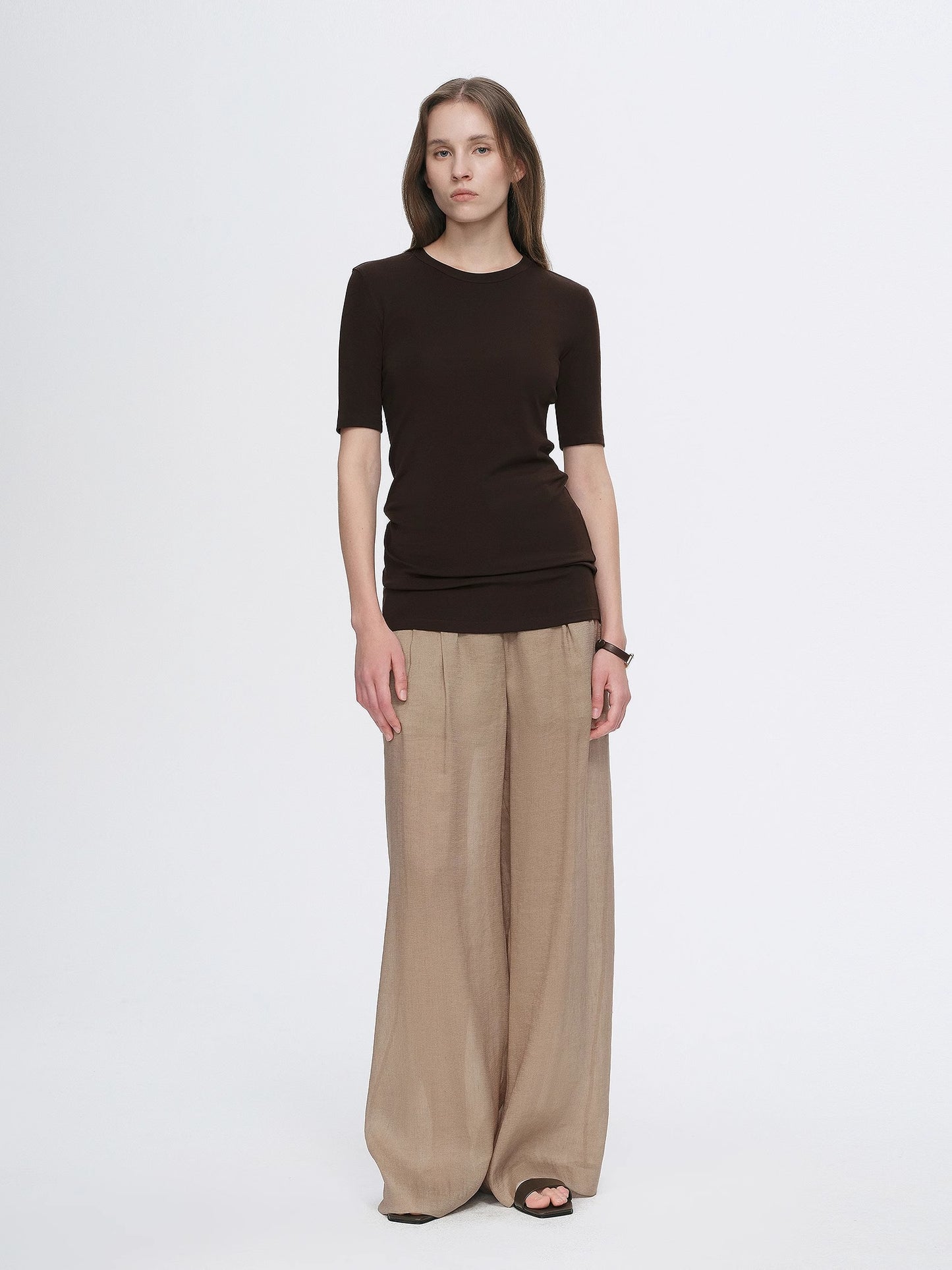 Fitted waist slimming round neck Tencel cashmere versatile short-sleeved T-shirt