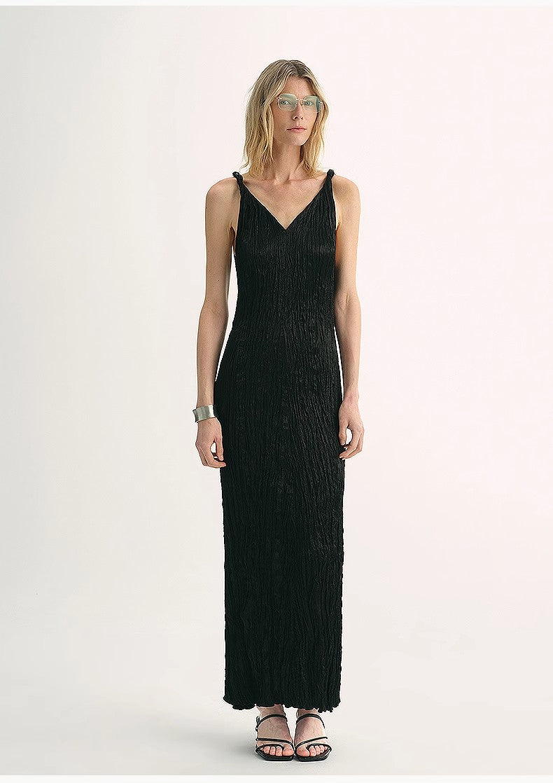 EASTMAN Ice Gloss Acetate Three-Dimensional Wave Drape Pleated V-Neck Suspender Dress