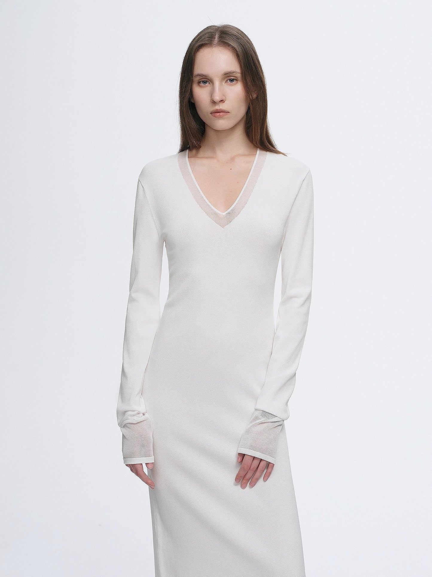 Elegant and intellectual triacetate Tencel blended skin-friendly transparent splicing design V-neck dress
