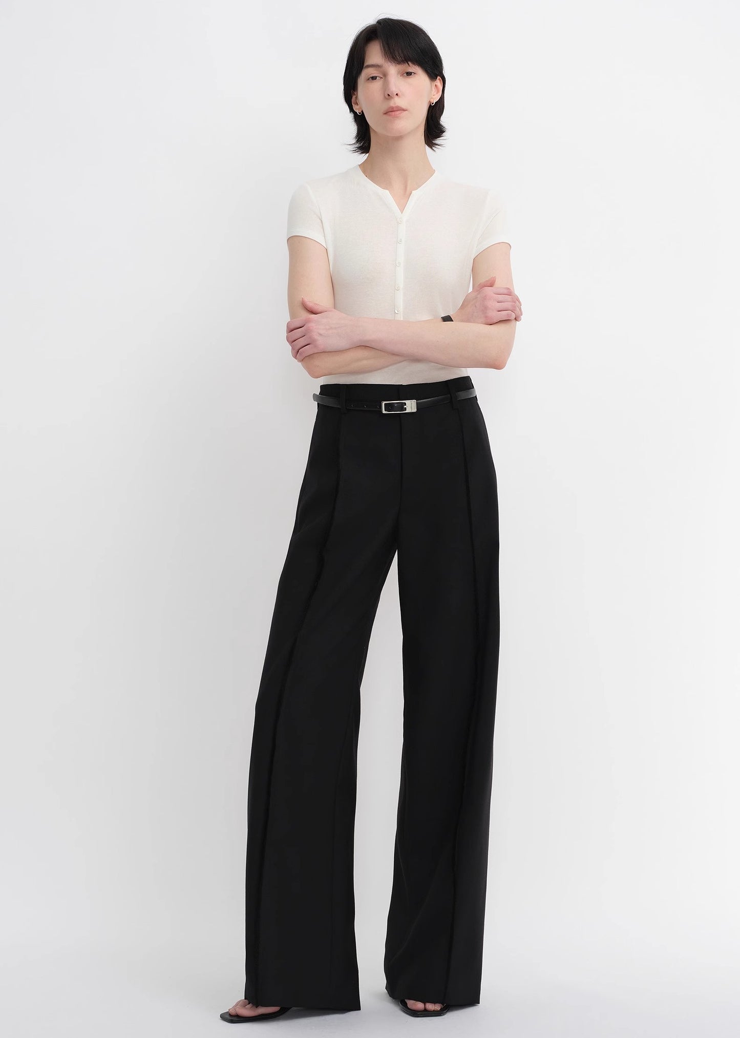 Worsted wool commuter classic drapey raw edge loose straight wide-leg pants