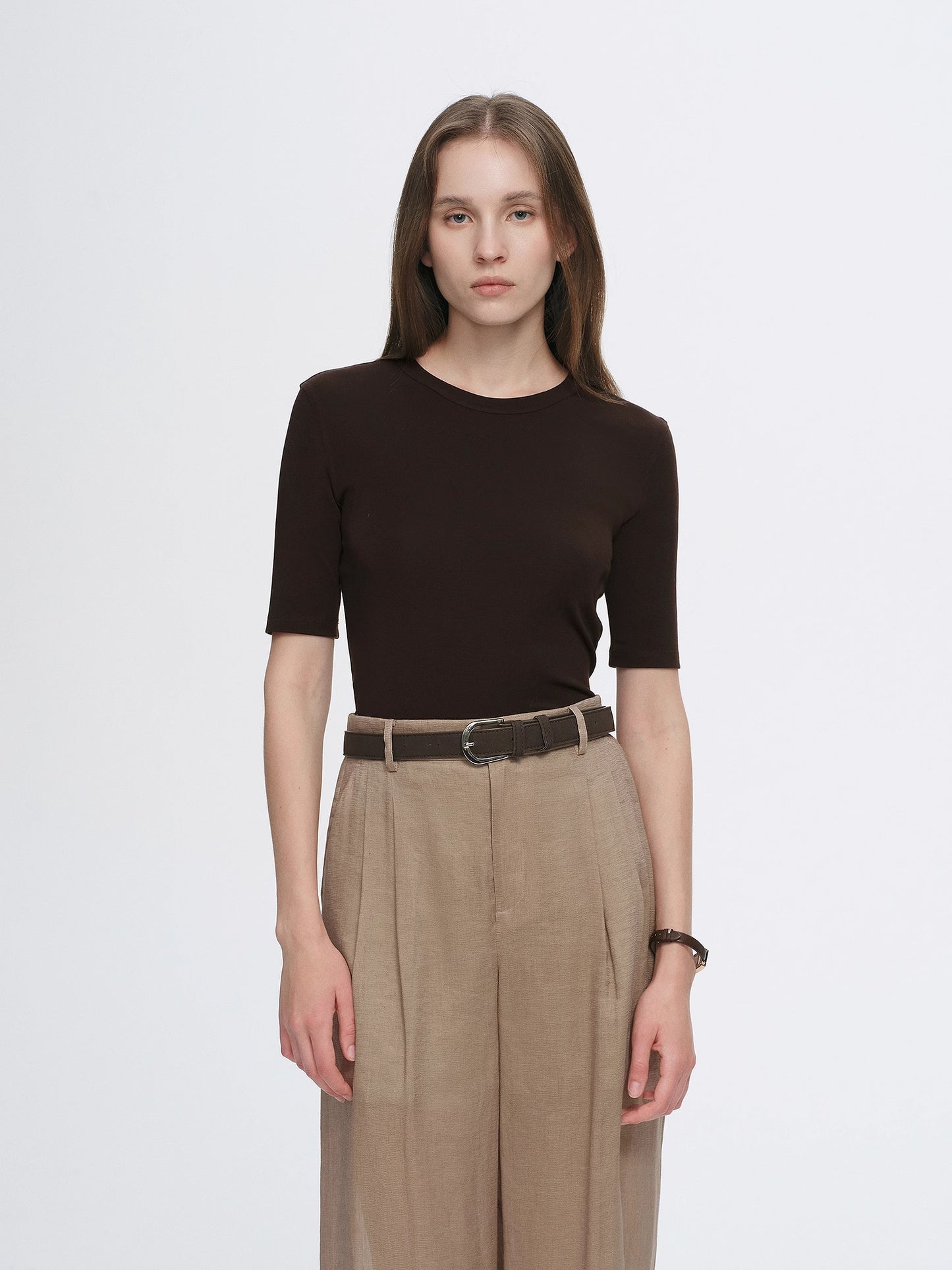 Fitted waist slimming round neck Tencel cashmere versatile short-sleeved T-shirt