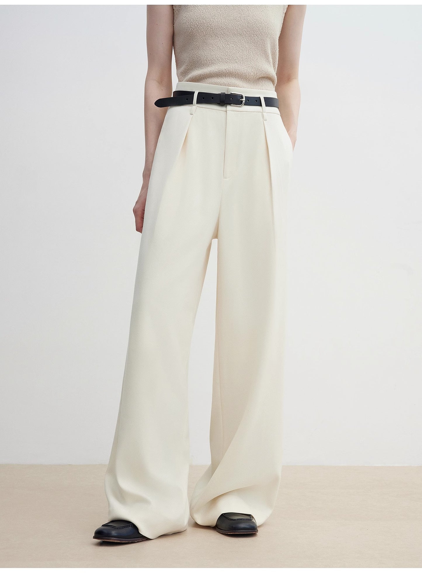 Women's white straight casual wide waist drape floor-length wide leg pants