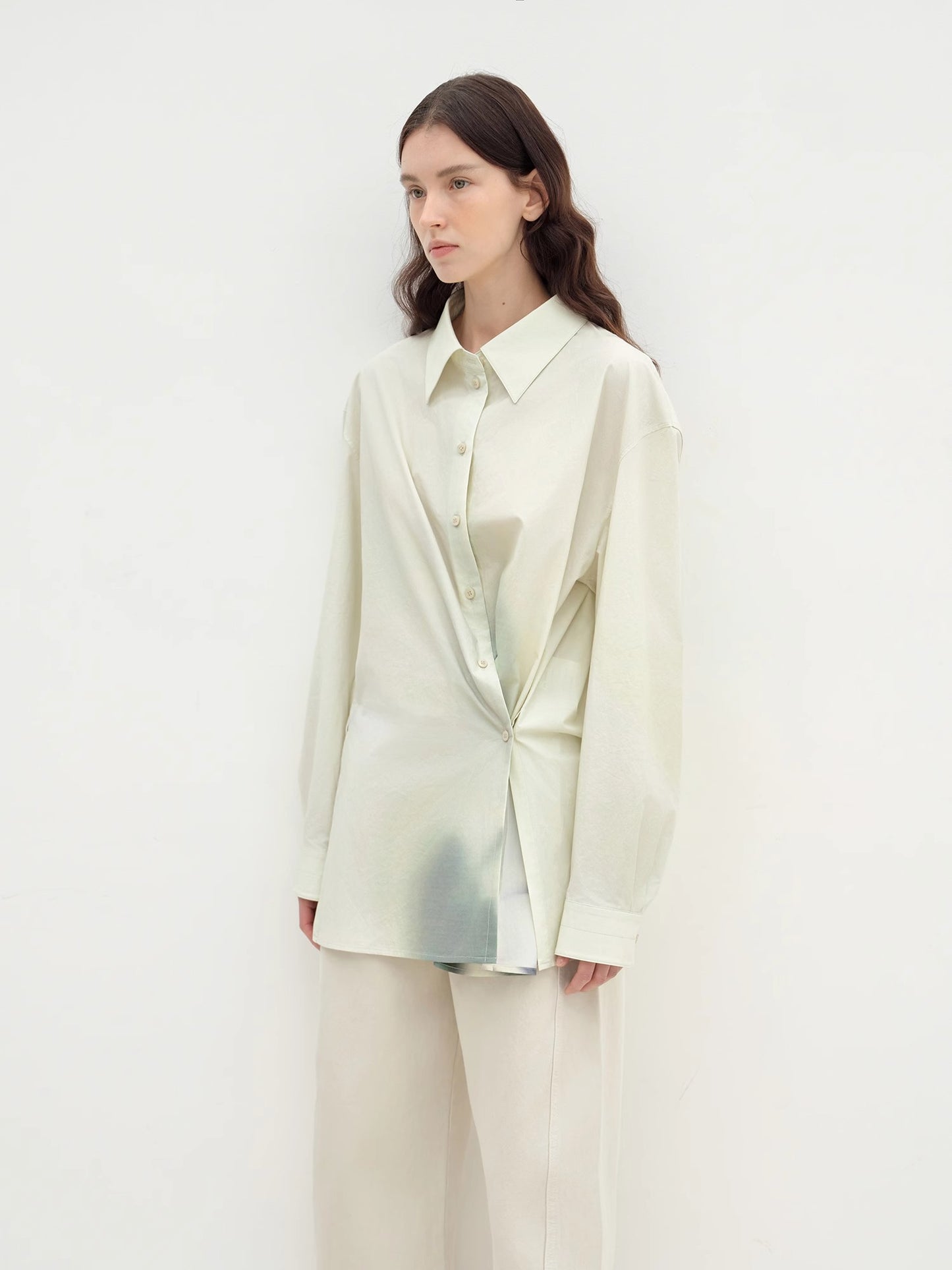 "Green Time" lapel side slit two-wear cotton printed shirt