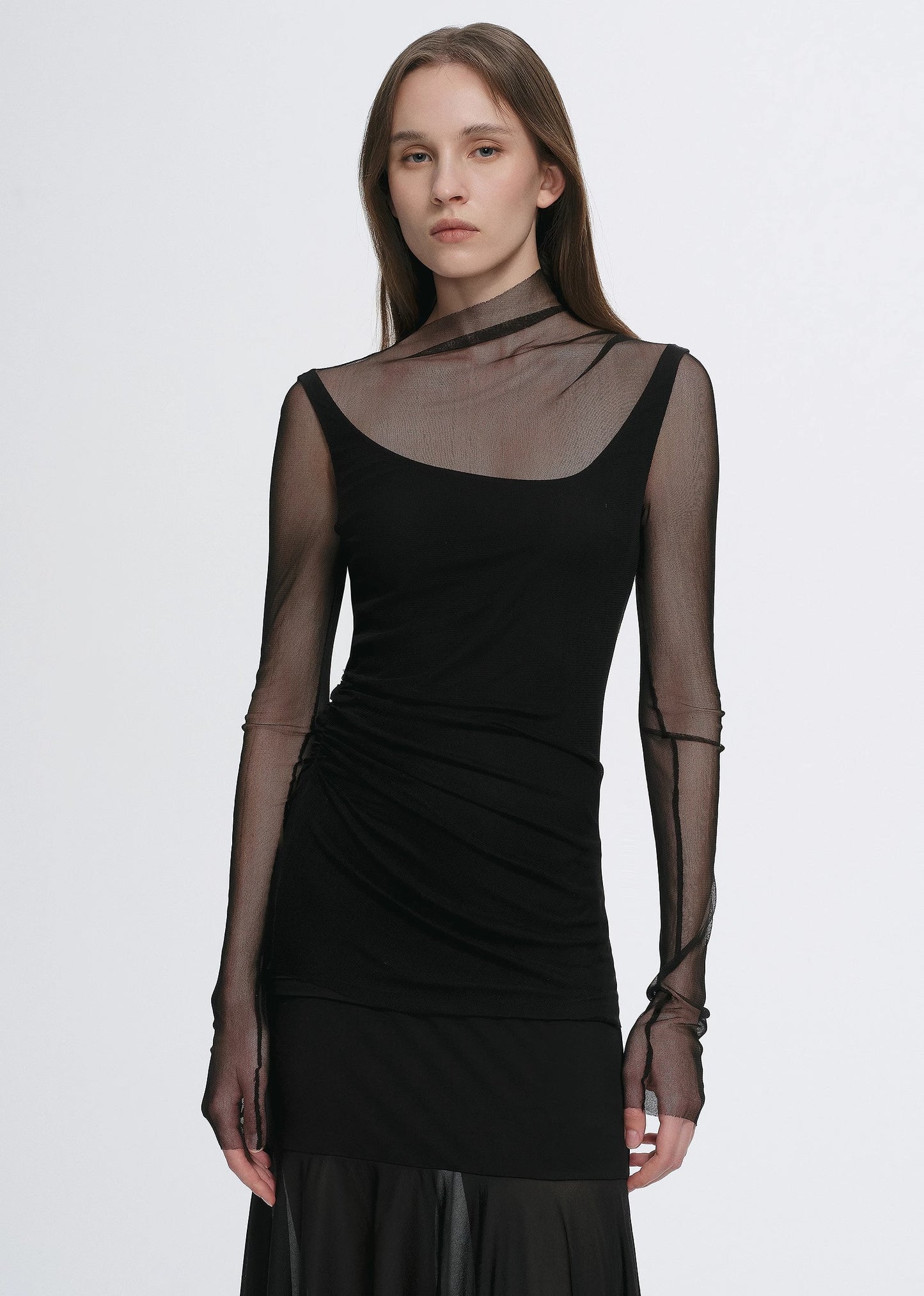 Double-layer transparent oblique collar pinched pleat half-high collar slim fit fake two-piece knitted T-shirt tops for women