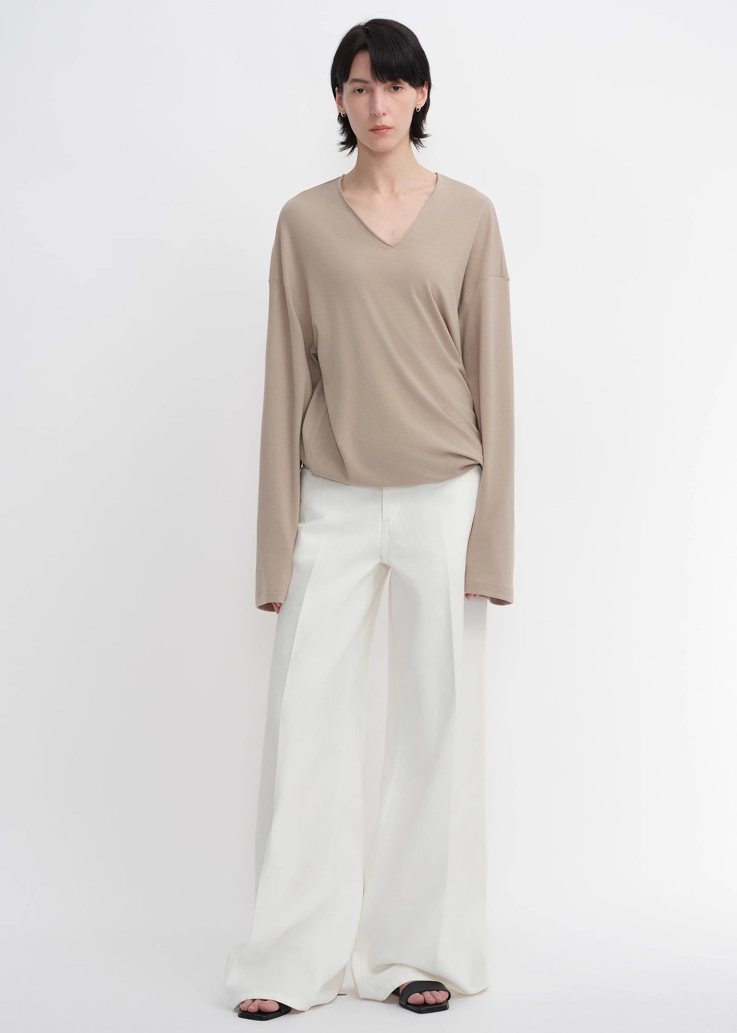 Machine washable Tencel wool V-neck two-wear elastic hem T-shirt bottoming shirt