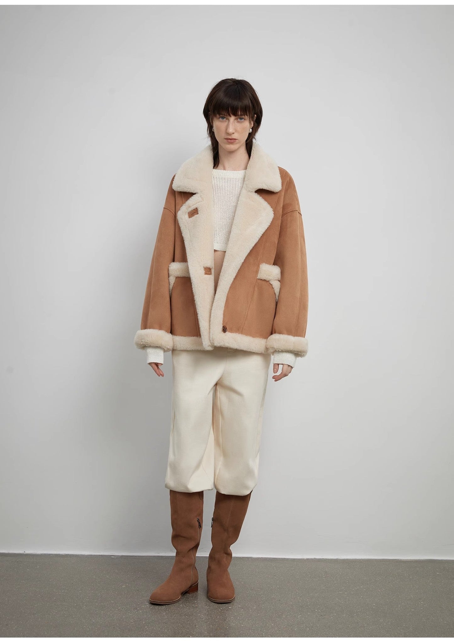 “Shepherds” Lapel biker wind wool artificial compound suede shearling coat  female