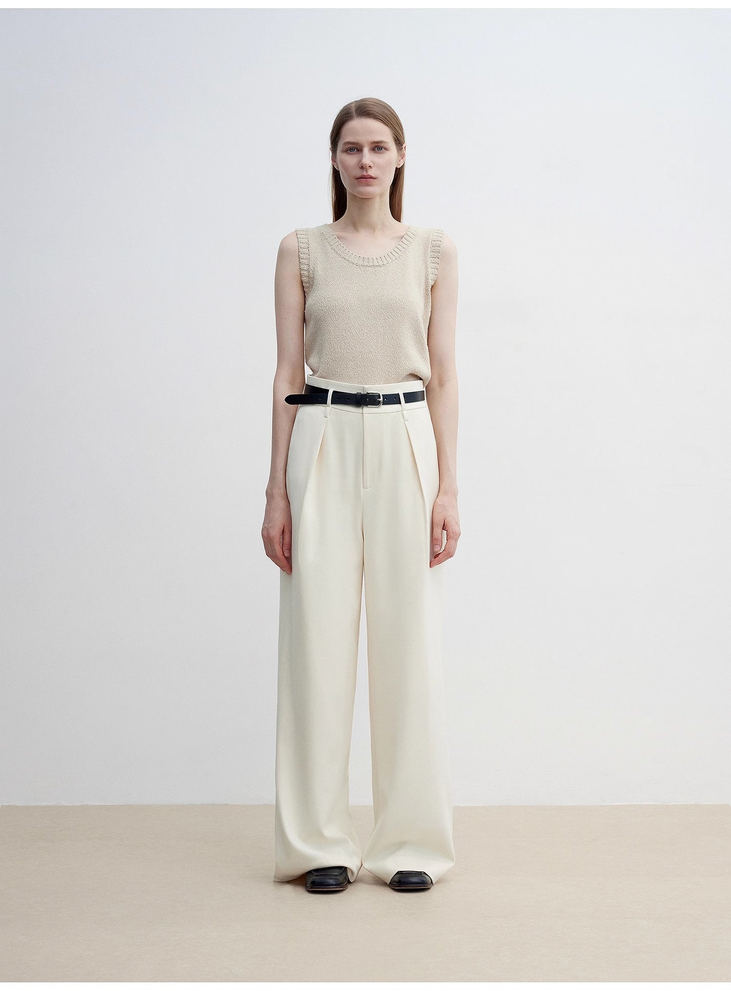 Women's white straight casual wide waist drape floor-length wide leg pants