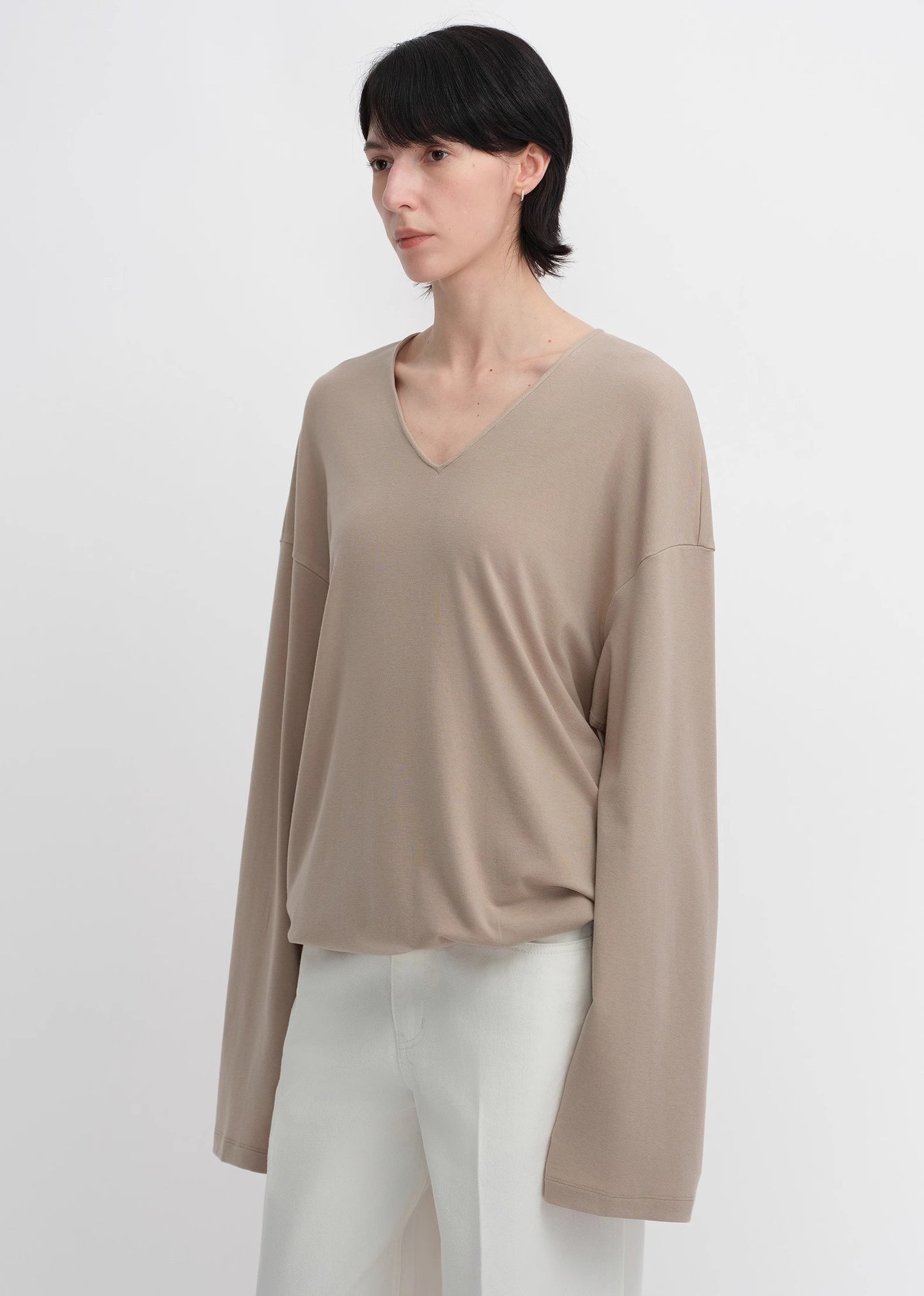 Machine washable Tencel wool V-neck two-wear elastic hem T-shirt bottoming shirt