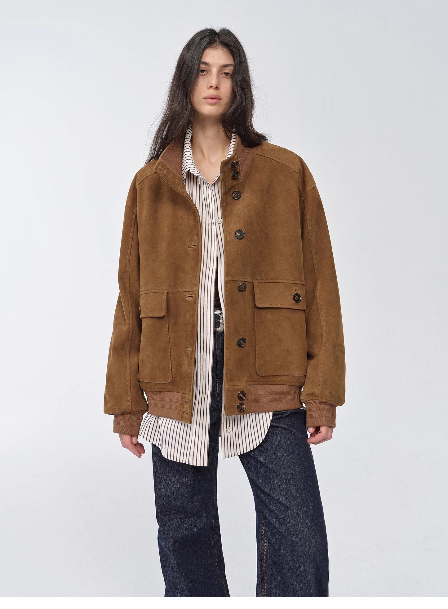 "Spring Whisper" Vintage imported suede sheepskin leather ribbed patchwork jacket