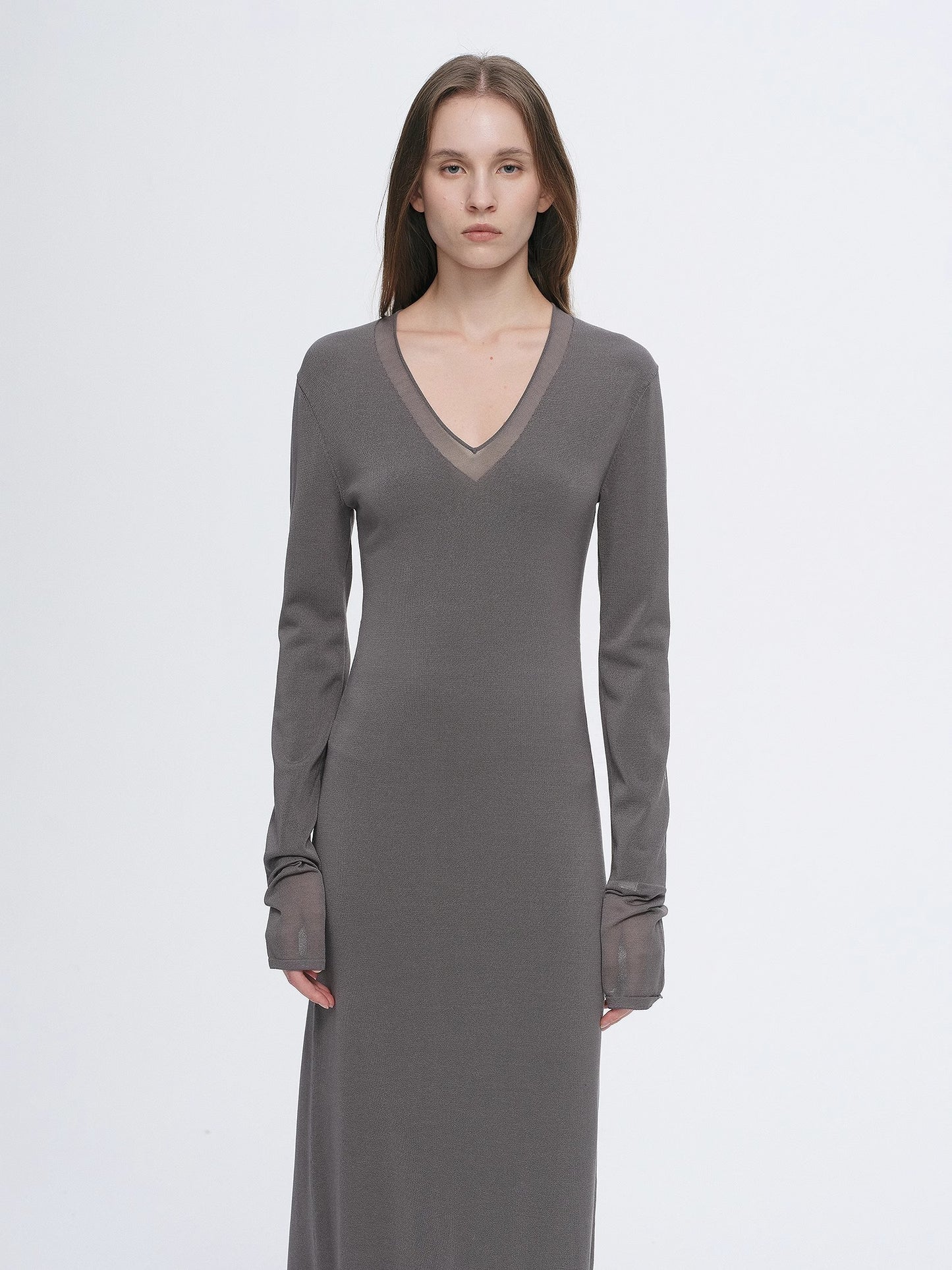Elegant and intellectual triacetate Tencel blended skin-friendly transparent splicing design V-neck dress